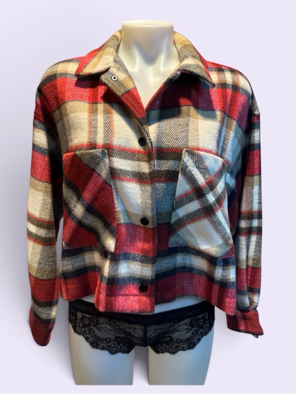 Zara Red, Cream & Tan Plaid Button-Front Shacket